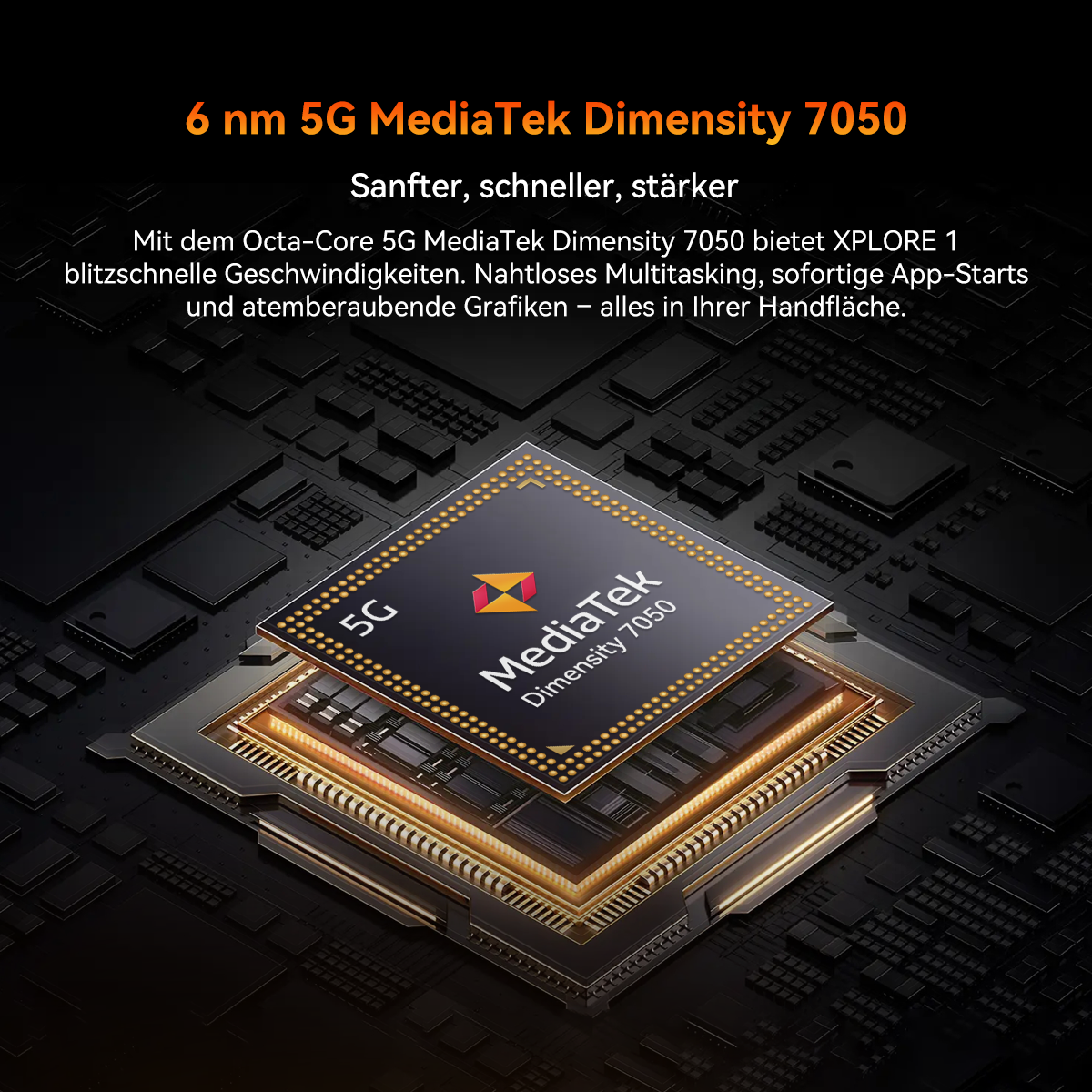 Bild eines MediaTek Dimensity 7050 Prozessors. Es zeigt einen dunklen Hintergrund mit Text und grafischen Darstellungen des Chips.