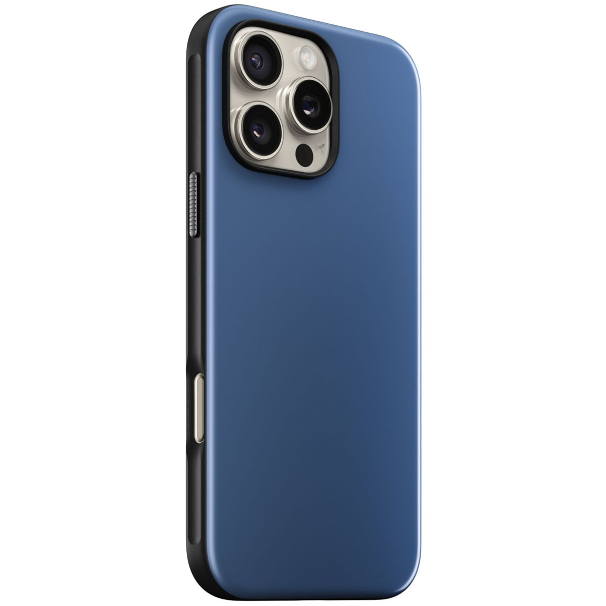 Eine blaue Handyhülle mit schwarzem Rand. Das Telefon hat mehrere Kameras auf der Rückseite. Der Hintergrund ist weiß.