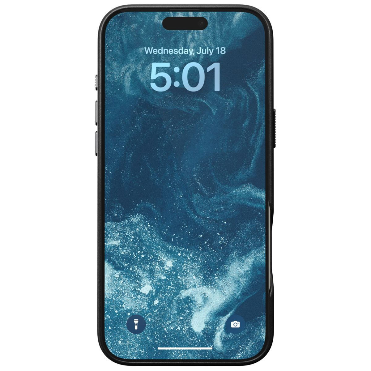 Ein Smartphone zeigt die Uhrzeit 5:01 Uhr am 18. Juli an. Der Bildschirm zeigt ein blaues, abstraktes Design. Das Telefon hat ein schwarzes Gehäuse.