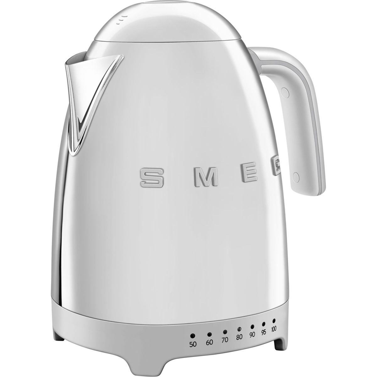A white Smeg electric kettle. It has a handle, spout, and temperature settings. The brand name is visible.