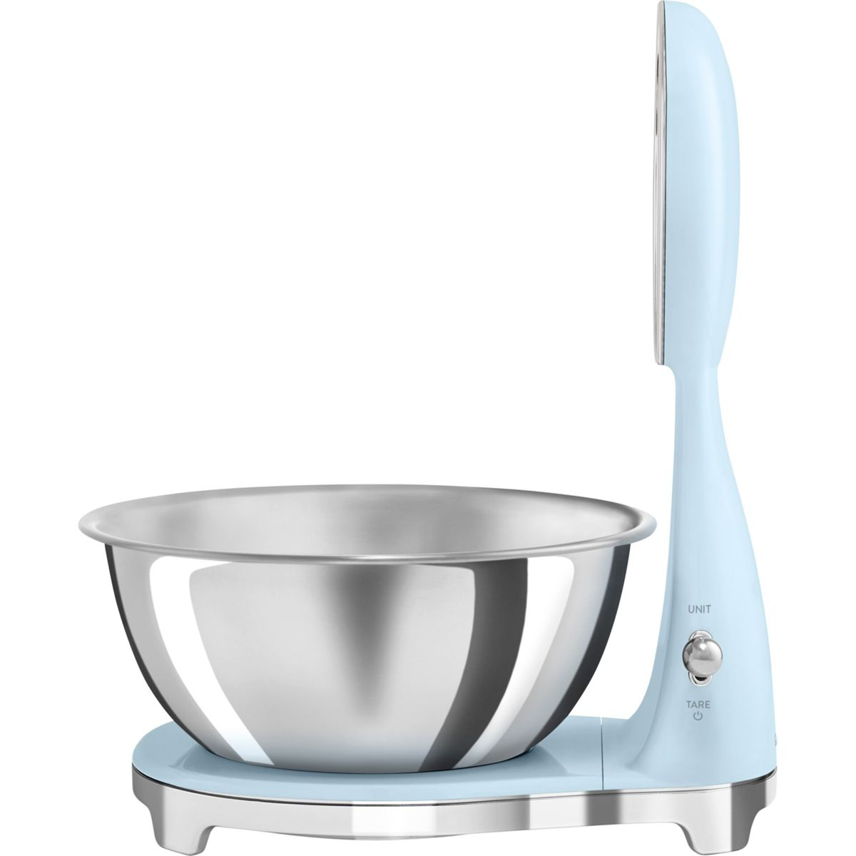 Jasnoniebieska waga kuchenna z misą ze stali nierdzewnej. Posiada wyświetlacz cyfrowy i dwa przyciski: UNIT i TARE.