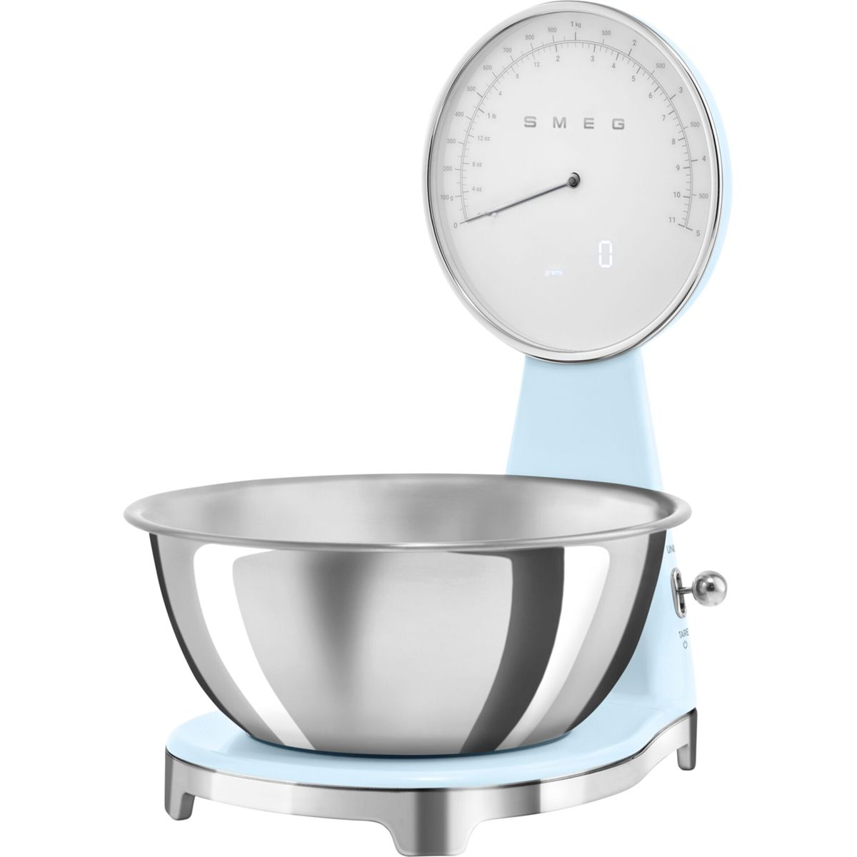 Jasnoniebieska waga kuchenna z dużą misą ze stali nierdzewnej. Waga ma okrągłą tarczę i cyfrowy wyświetlacz z '0'.