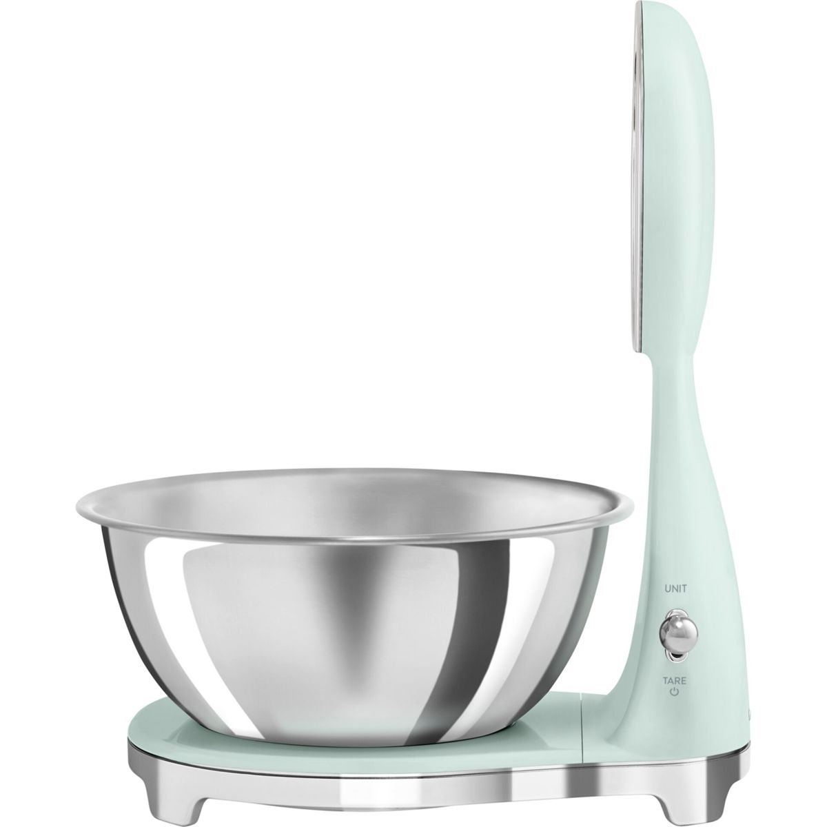 Miętowa waga kuchenna ze stalową misą. Posiada wyświetlacz i przyciski do funkcji jednostki i tary.