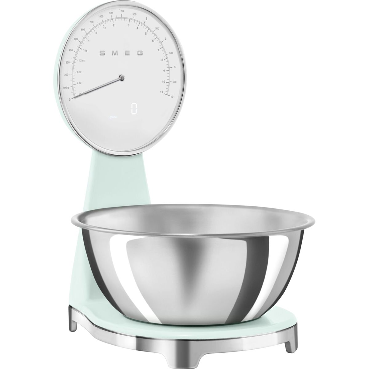 Miętowa waga kuchenna Smeg ze stalową miską. Tarcza wagi pokazuje pomiary w gramach i uncjach.