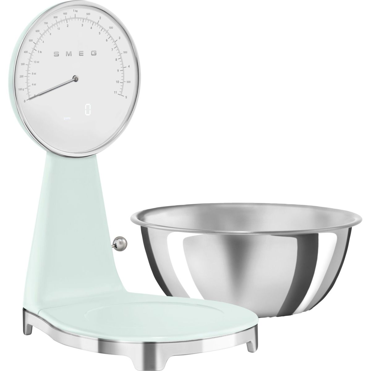 Miętowa waga kuchenna z dużą tarczą i miską ze stali nierdzewnej. Waga pokazuje 'SMEG'.