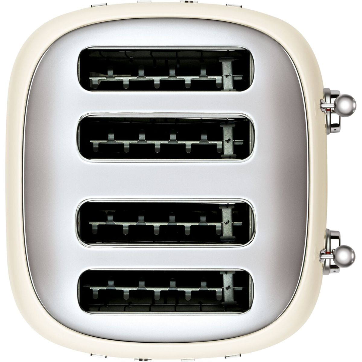 Kremowy toster z czterema otworami i srebrnym panelem centralnym. Ma dwie dźwignie i retro design.