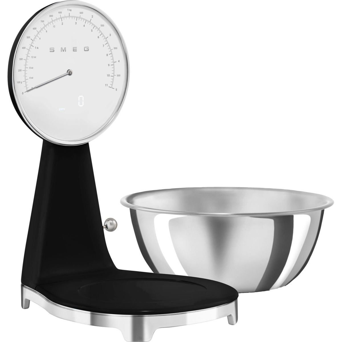 Czarna i srebrna waga kuchenna z białą tarczą i miską ze stali nierdzewnej z boku.