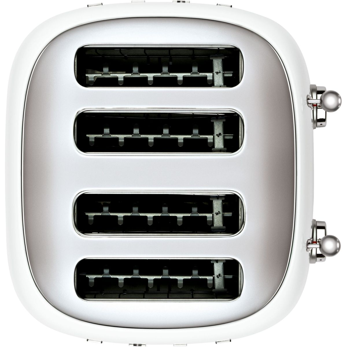 Biały i srebrny toster z czterema otworami. Każdy otwór pokazuje wewnętrzne elementy grzejne. Srebrne dźwignie po obu stronach.