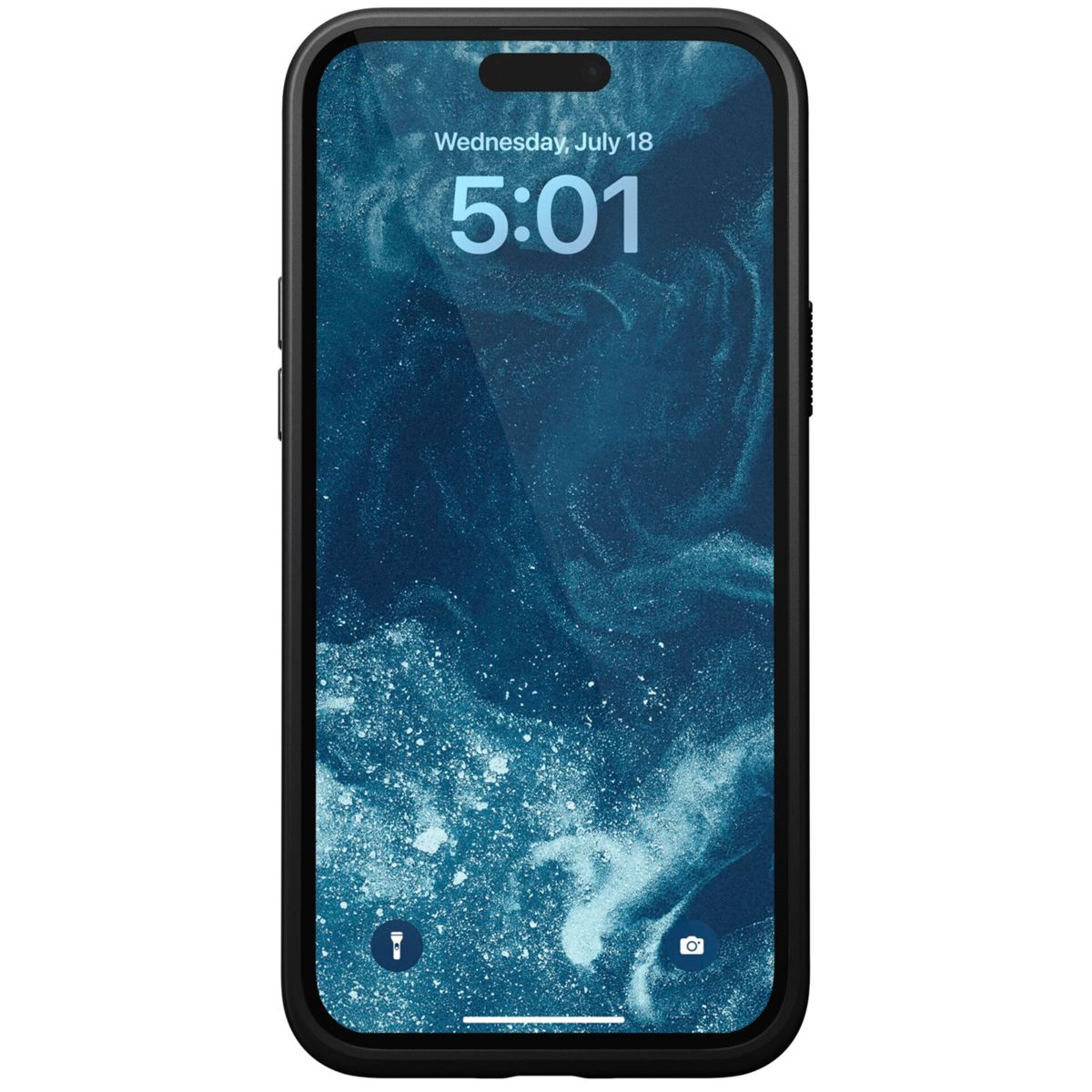 Uno smartphone mostra l'ora 5:01 di mercoledì 18 luglio. Lo sfondo dello schermo presenta un design blu astratto.