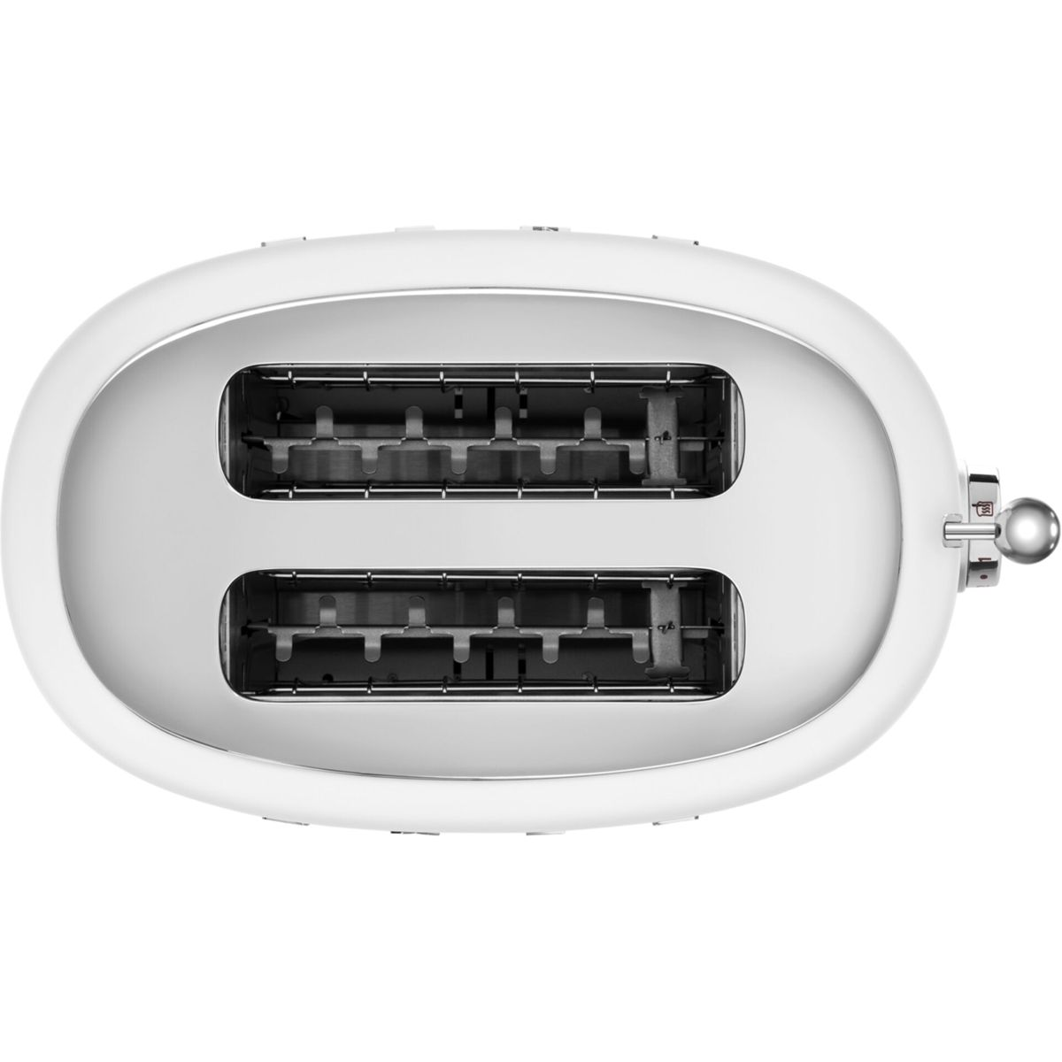 Biały toster, widok z góry, z dwoma otworami. Ma dźwignię z boku i pokrętło. Wnętrze jest metalowe.