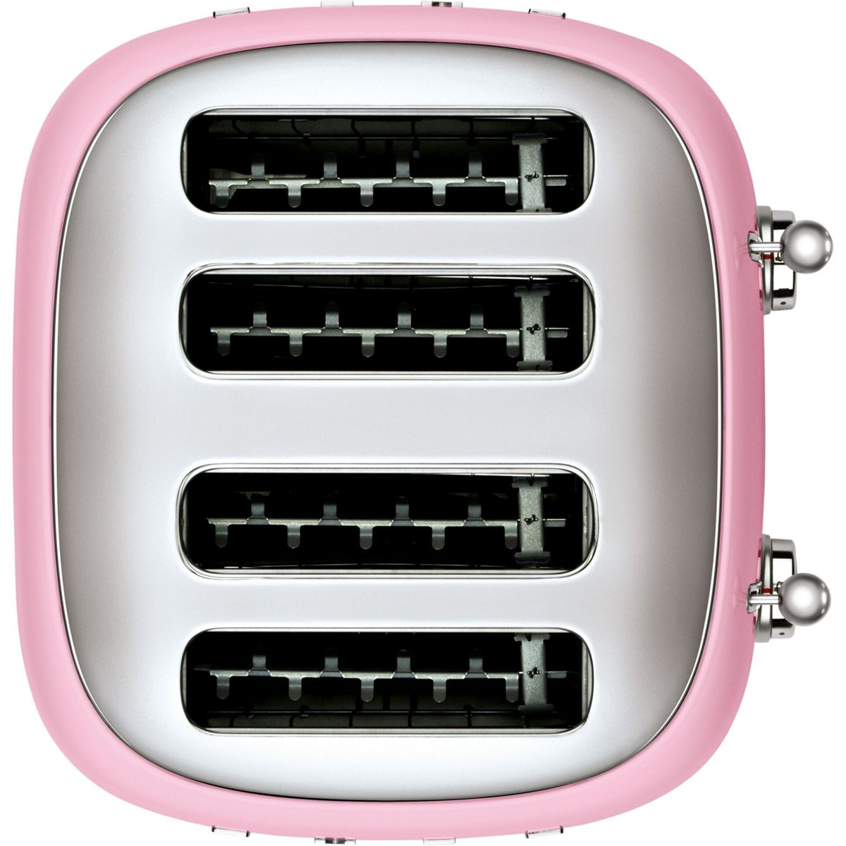 Różowy i srebrny toster, widok z góry. Ma cztery szczeliny na chleb. Widoczne są pokrętła i dźwignie.