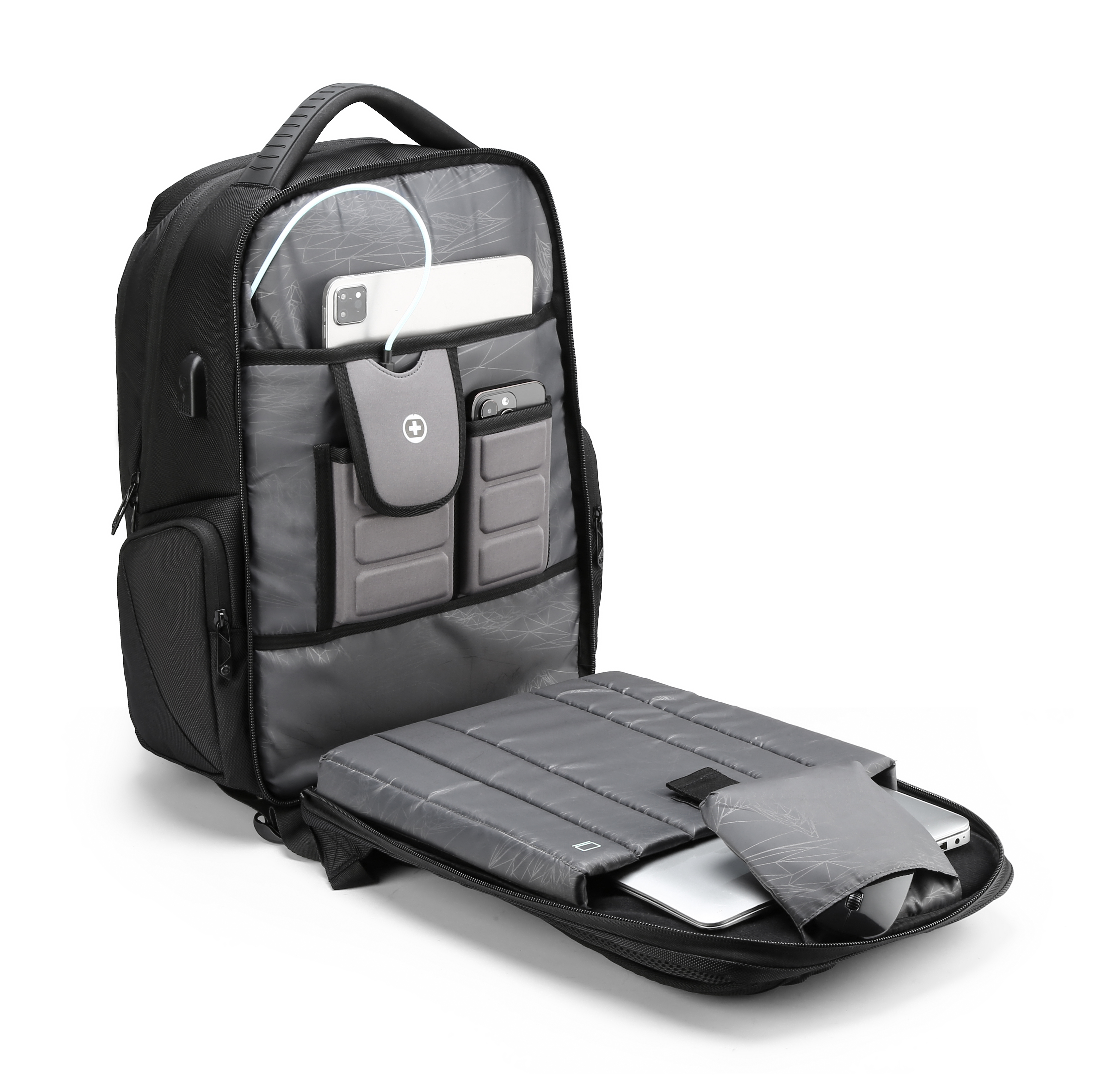 Zaino nero con scomparti aperti. All'interno sono visibili un telefono, un laptop e altri accessori.