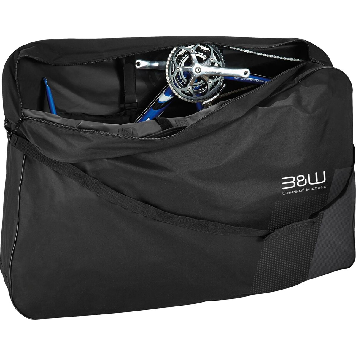 Schwarze Fahrrad-Reisetasche, teilweise geöffnet, mit Fahrradteilen. Die Tasche hat das Logo "38W Cases of Success".