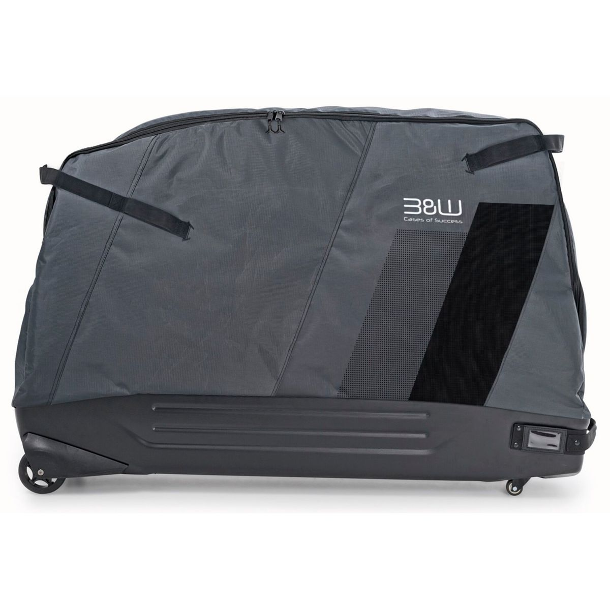 Graue Fahrrad-Reisetasche mit Rädern. Sie hat schwarze Akzente, darunter ein Mesh-Streifen und Griffe. Der Markenname ist sichtbar.