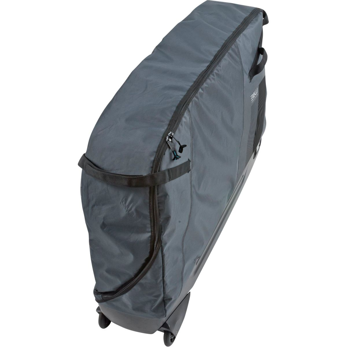 Eine dunkelgraue Fahrrad-Reisetasche mit schwarzen Reißverschlüssen, Griffen und Rädern. Die Tasche ist rechteckig, mit Reißverschluss oben und an der Seite.