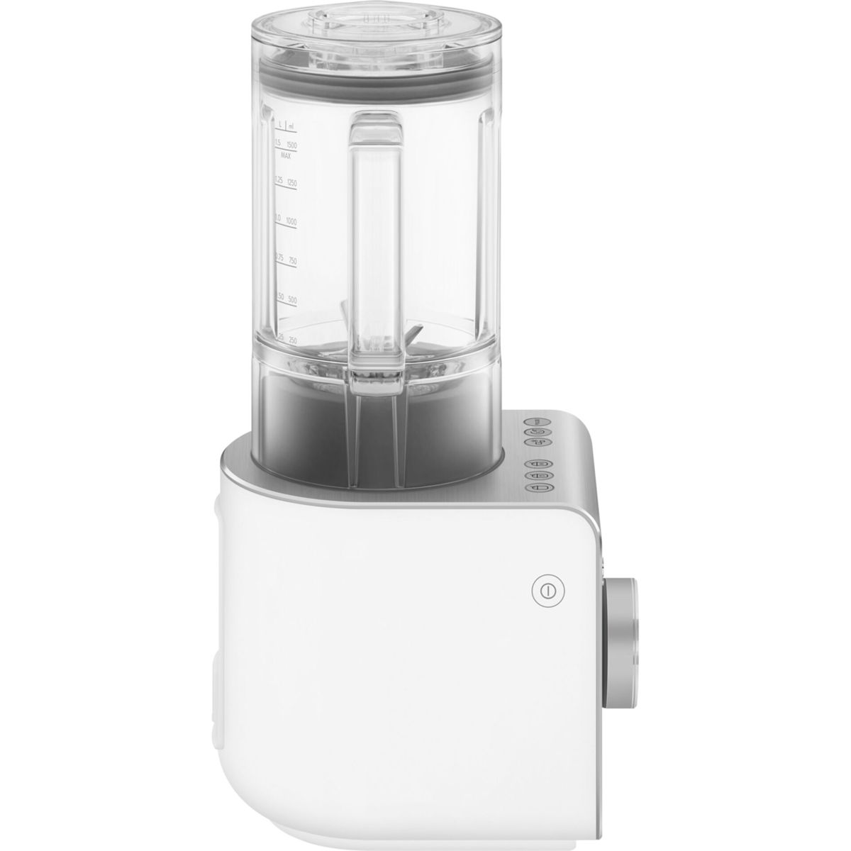 Una licuadora blanca con un recipiente de plástico transparente y una base plateada. La licuadora tiene varios botones y un dial.