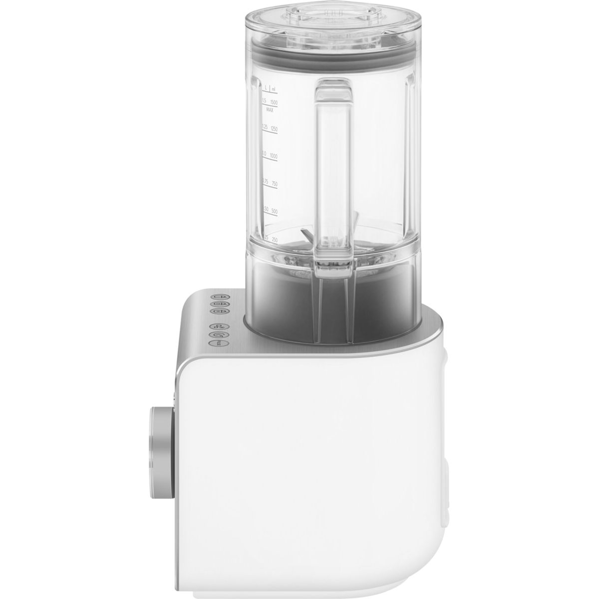 Una licuadora blanca con un recipiente transparente. Tiene una base y botones plateados. El recipiente tiene medidas en el lateral.