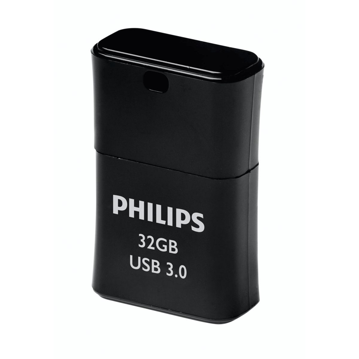 Ein schwarzer Philips USB 3.0-Flash-Laufwerk mit 32 GB Kapazität auf weißem Hintergrund. Markenname und Spezifikationen sind aufgedruckt.