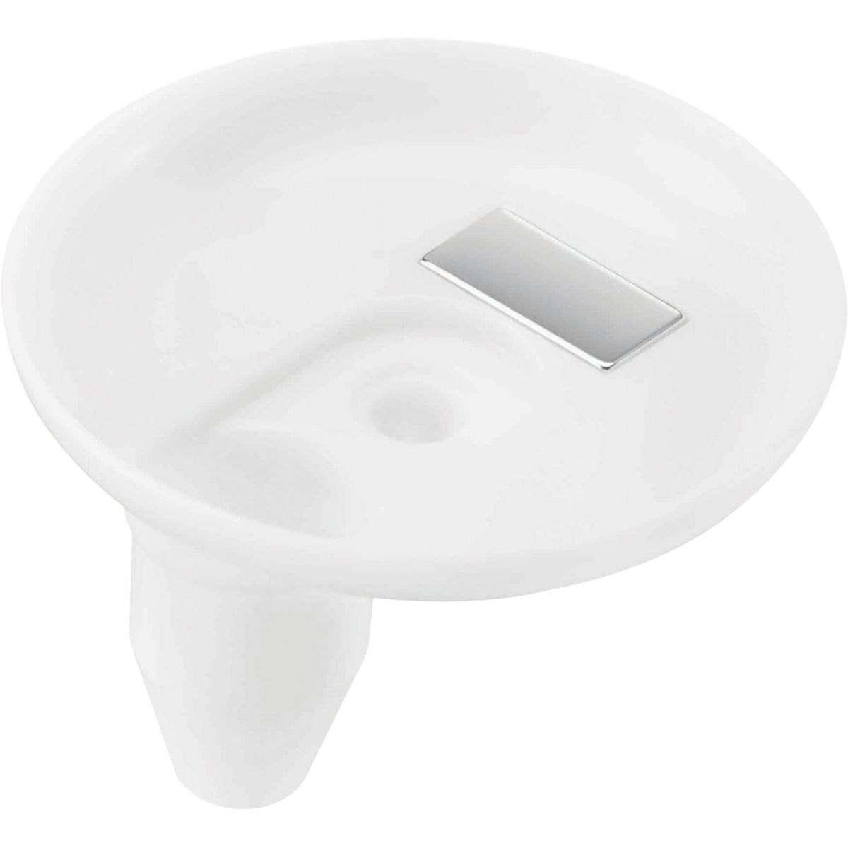 Un lavandino in ceramica bianca con un accento rettangolare argentato. Ha un bacino circolare e una base cilindrica, design pulito.