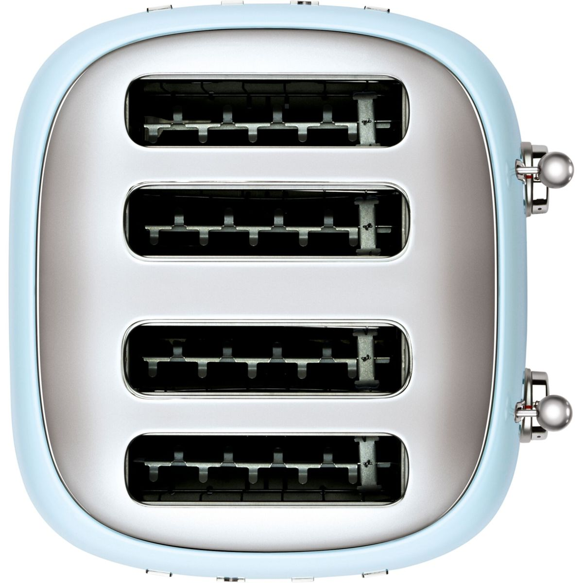 Jasnoniebieski i srebrny toster z czterema otworami. Ma dwie dźwignie po bokach i zaokrąglony kształt.