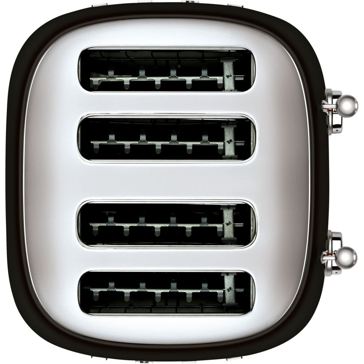 Srebrno-czarny toster z czterema otworami. Ma błyszczące srebrne wnętrze, ciemnobrązową ramę i dwie dźwignie po bokach.