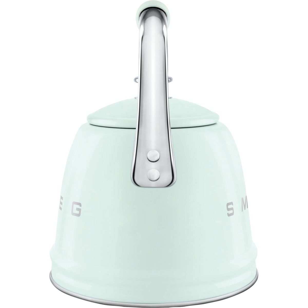 Una tetera verde menta con asa plateada. La tetera tiene las letras 'EG' y 'SM' en los lados. Es un electrodoméstico de cocina.