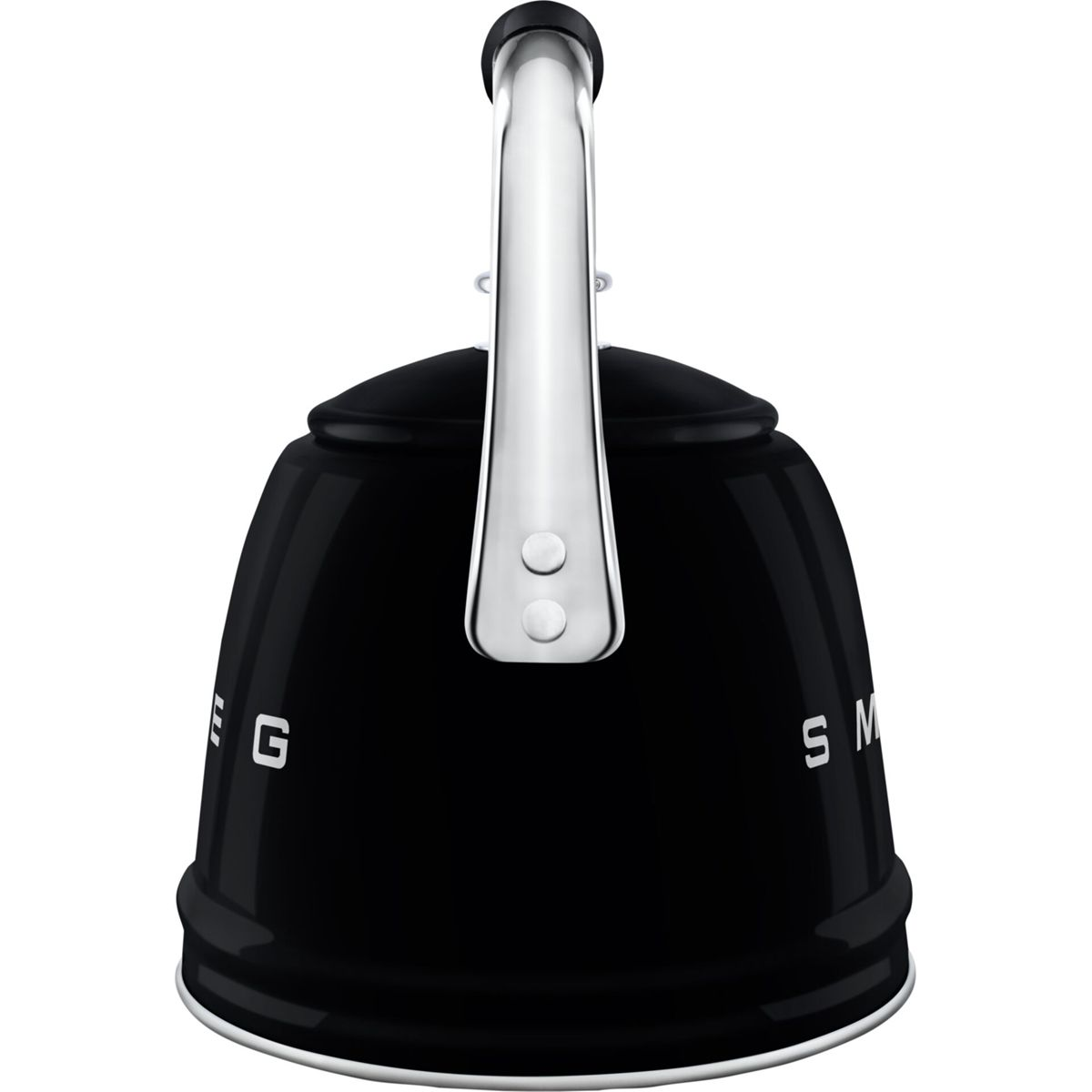 Una tetera eléctrica negra con asa plateada. La tetera tiene el texto blanco 'SMEG'. El fondo es blanco liso.