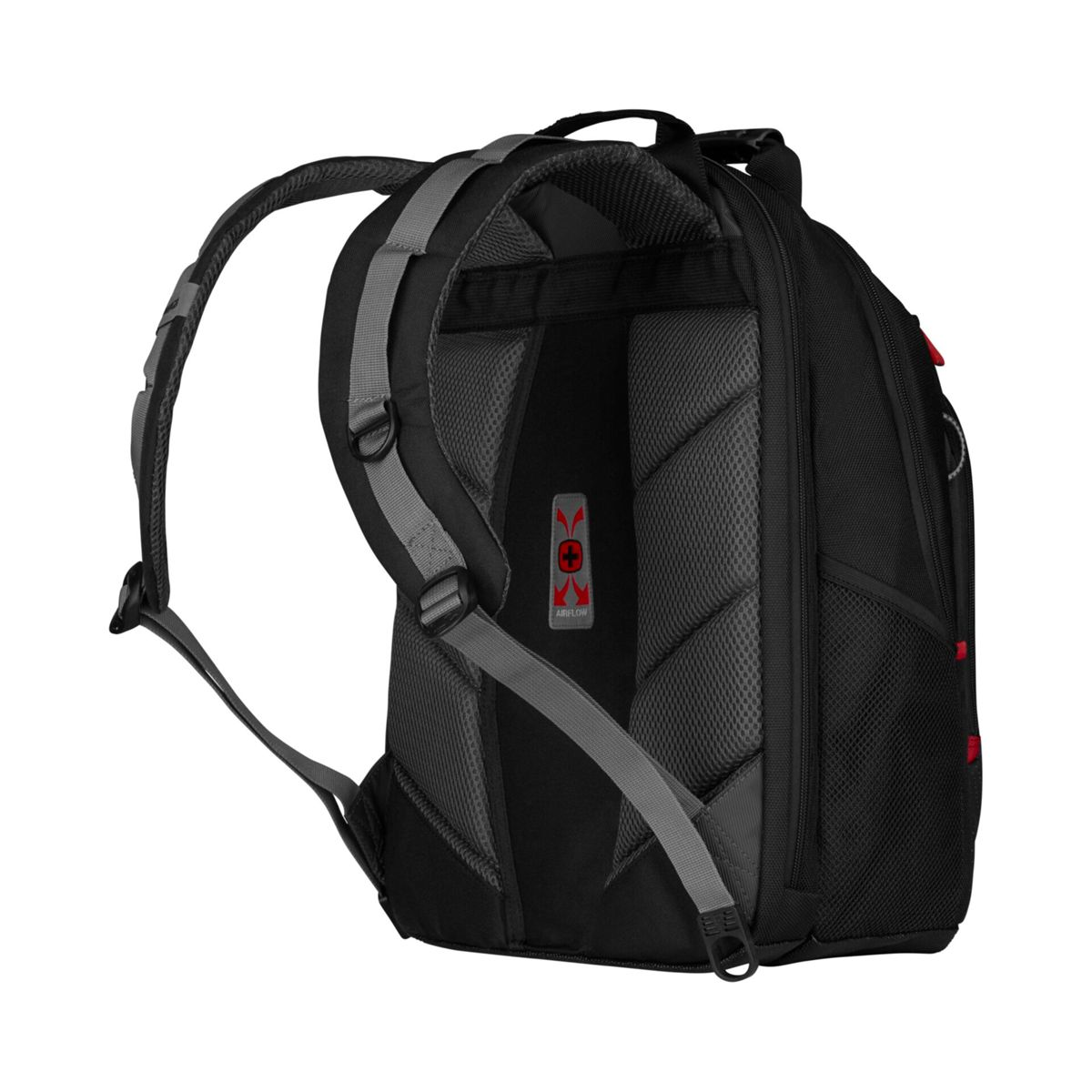 Schwarzer Rucksack mit grauen Trägern und roten Akzenten. Verfügt über ein 'Airflow'-Design auf der Rückseite.