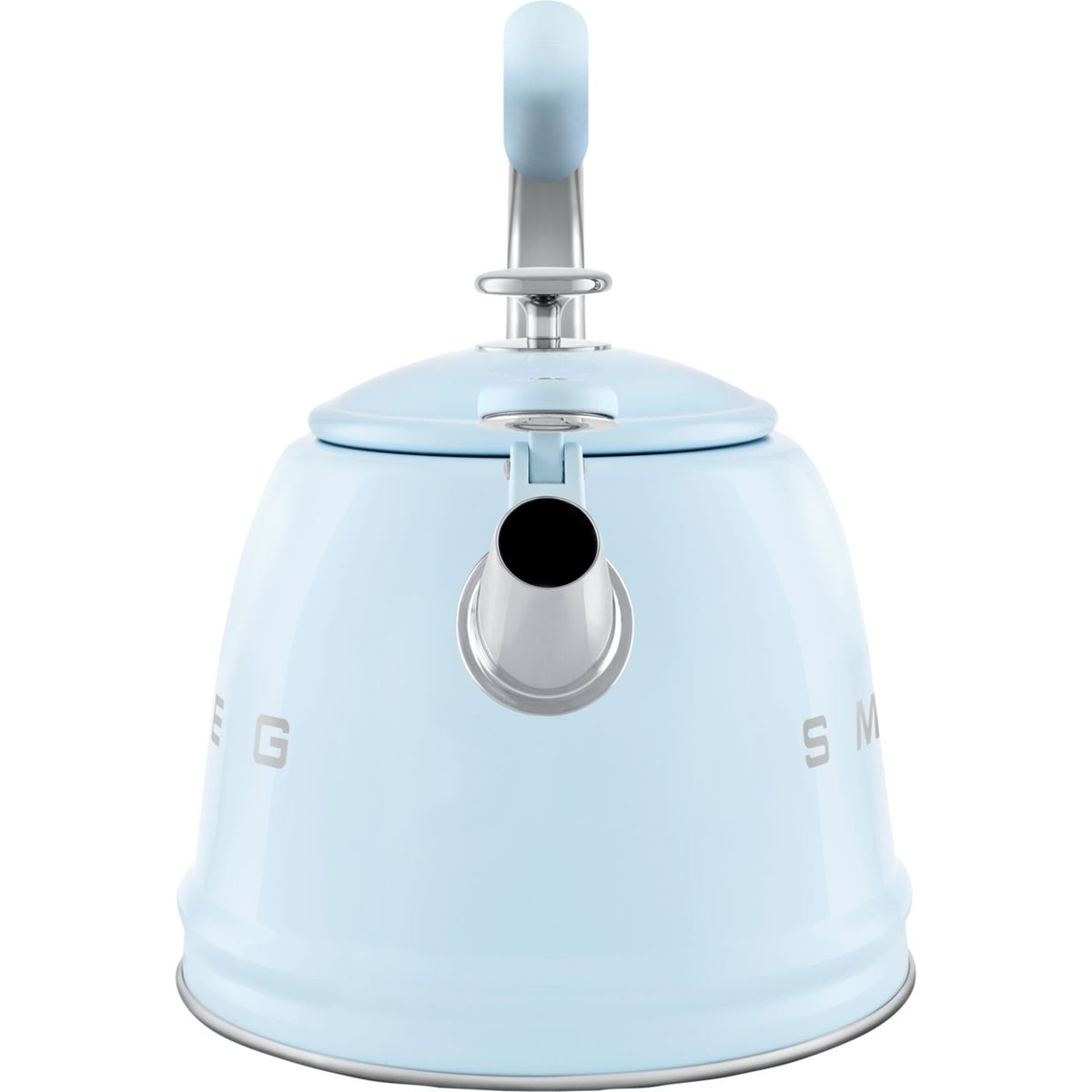 Ein hellblauer Smeg-Wasserkocher. Er hat einen silbernen Ausguss und Griff mit dem Smeg-Logo an der Seite. Der Griff ist gebogen.