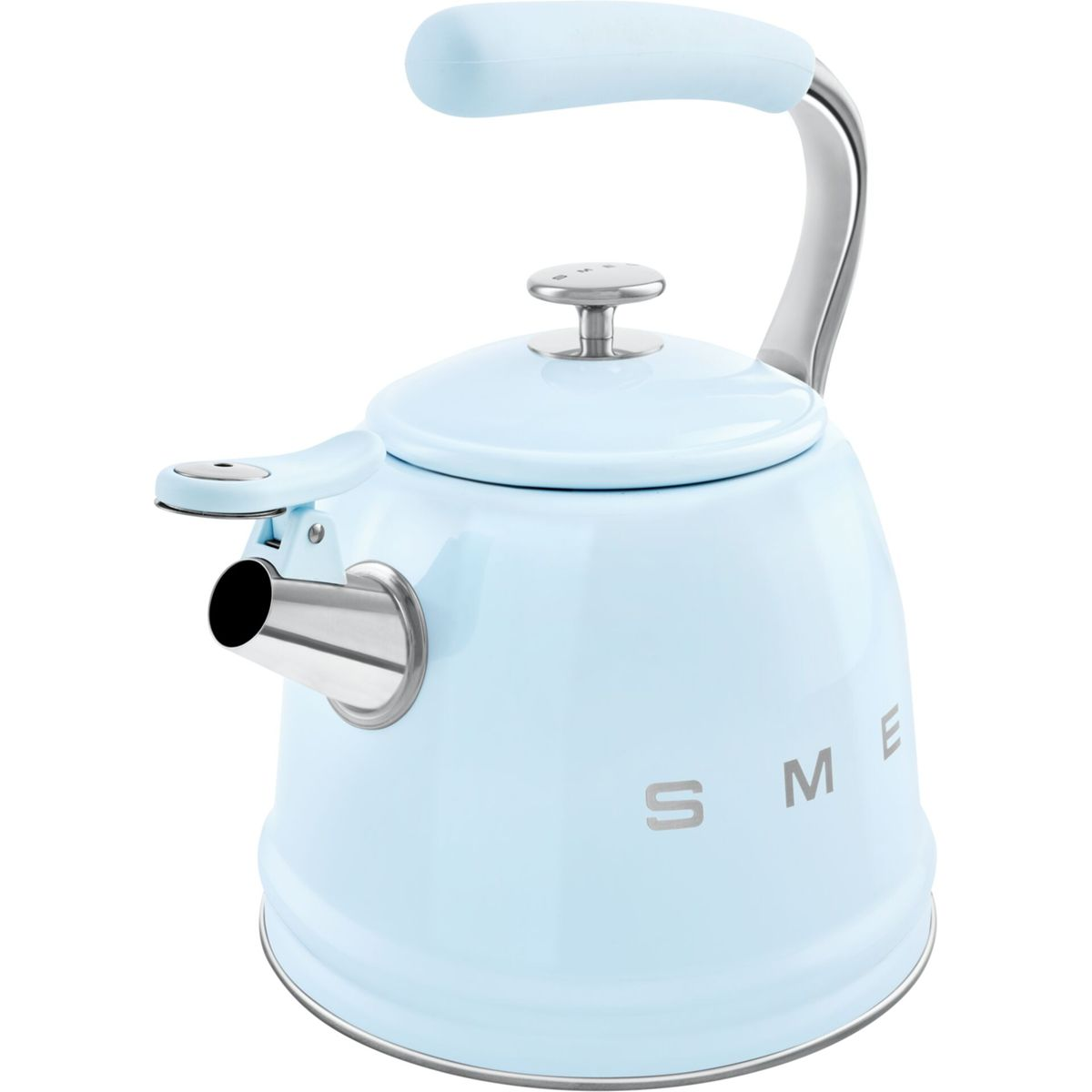 Ein hellblaues SMEG-Kessel mit silbernem Griff und Ausguss. Der Griff und der Deckelgriff sind ebenfalls hellblau.