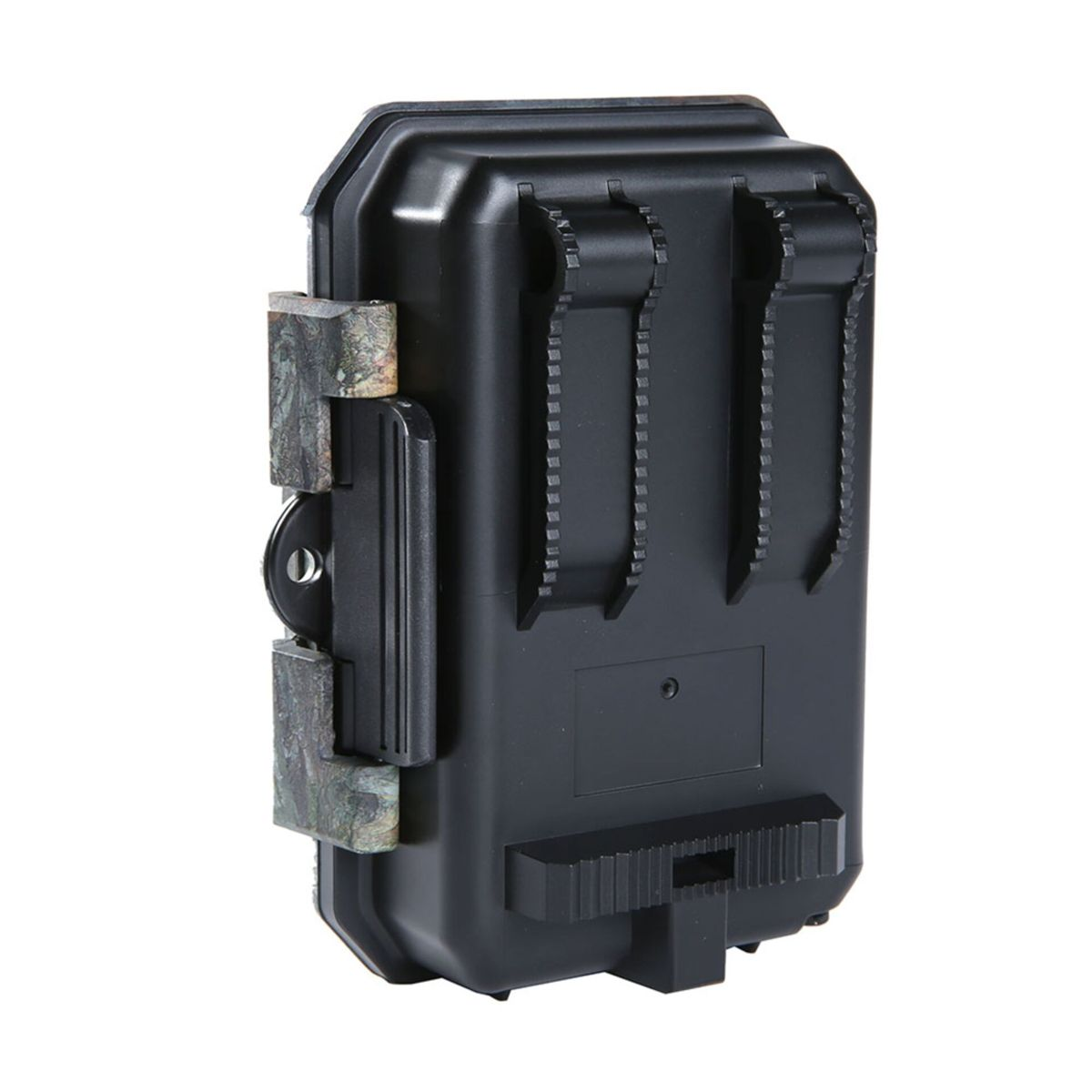 Eine schwarze, rechteckige Kamera mit tarnmusterartigen Verschlüssen. Sie hat zwei vertikale Verriegelungsmechanismen und eine strukturierte Basis.