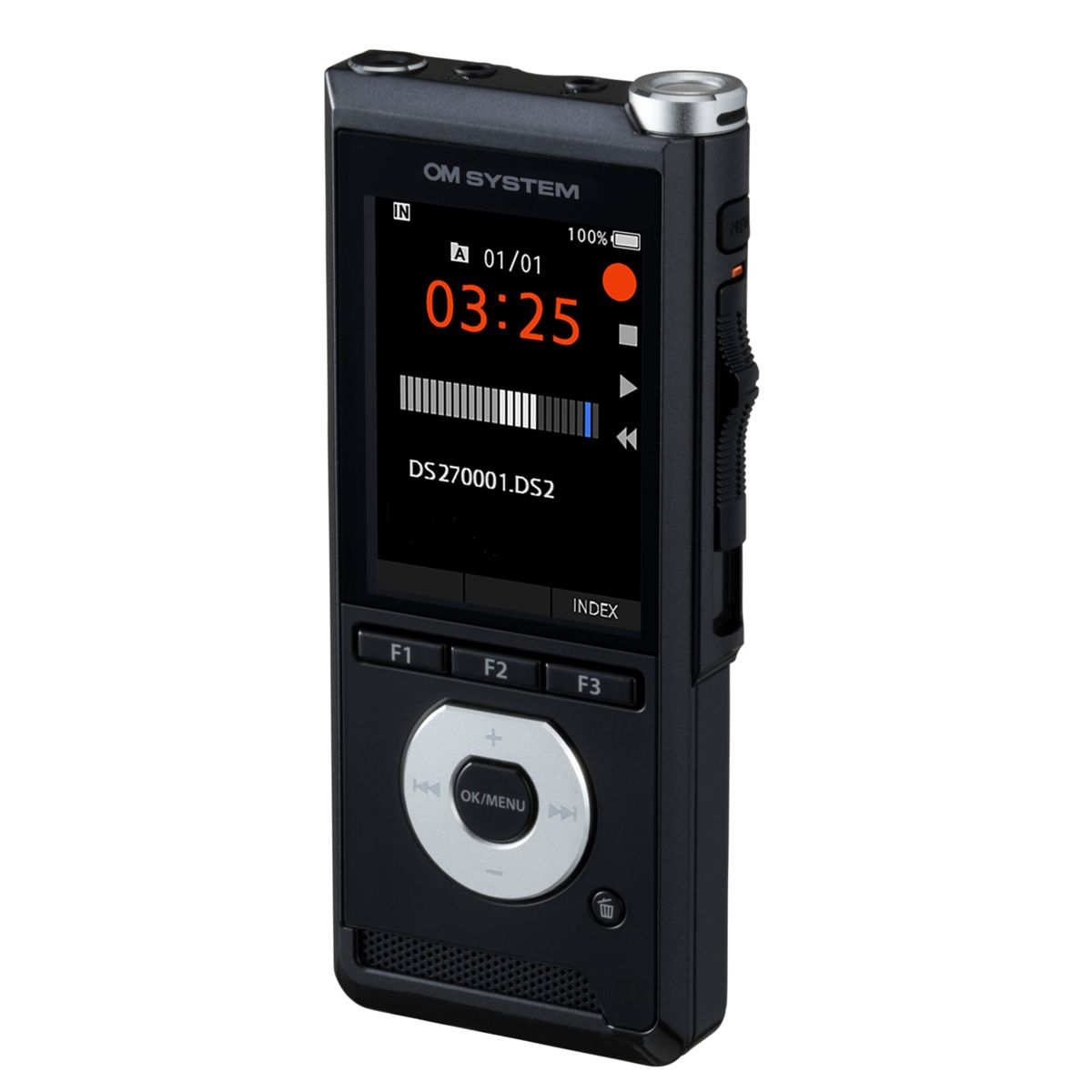 Ein schwarzes digitales Aufnahmegerät mit einem LCD, das Zeit und Aufnahmestatus anzeigt. Tasten und Bedienelemente sind sichtbar.