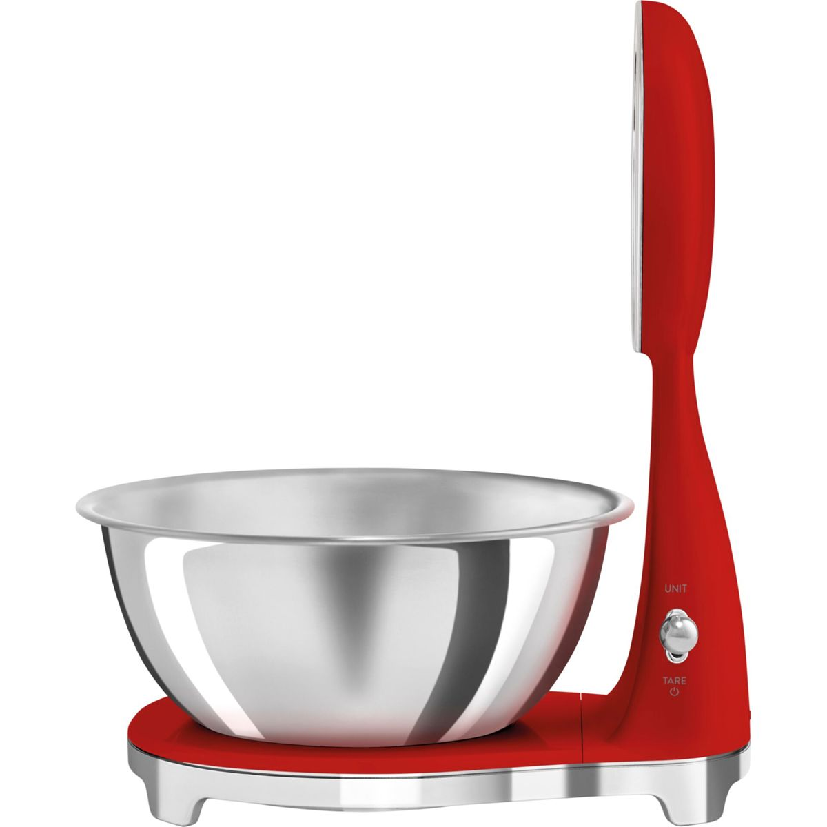 Czerwona waga kuchenna ze stalową miską. Posiada podstawę z panelem sterowania i wysokim ramieniem.