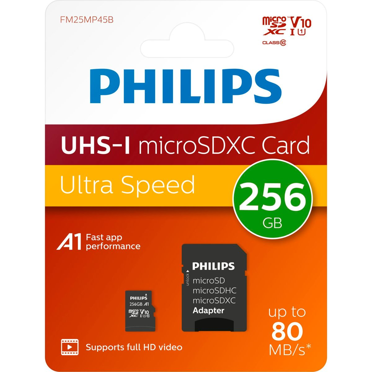 Philips microSDXC-Karte. Merkmale sind Ultra Speed, 256 GB und Unterstützung für Full-HD-Video. Die Karte ist schwarz mit weißem Text.