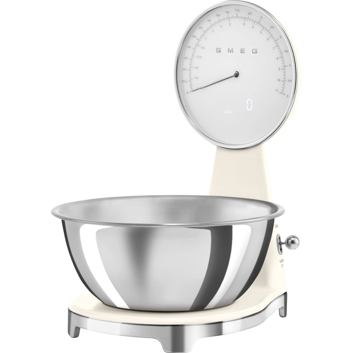 Kremowa waga kuchenna z miską ze stali nierdzewnej. Waga ma okrągłą tarczę i cyfrowy wyświetlacz z '0'.