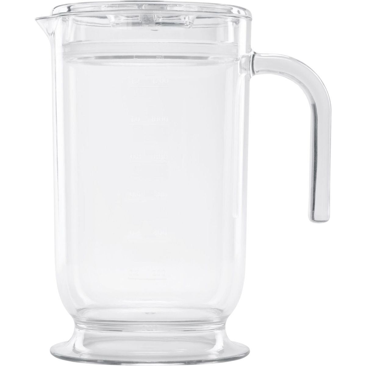 Przezroczysty szklany dzbanek z pokrywką i uchwytem. Ma oznaczenia pomiarowe z boku.