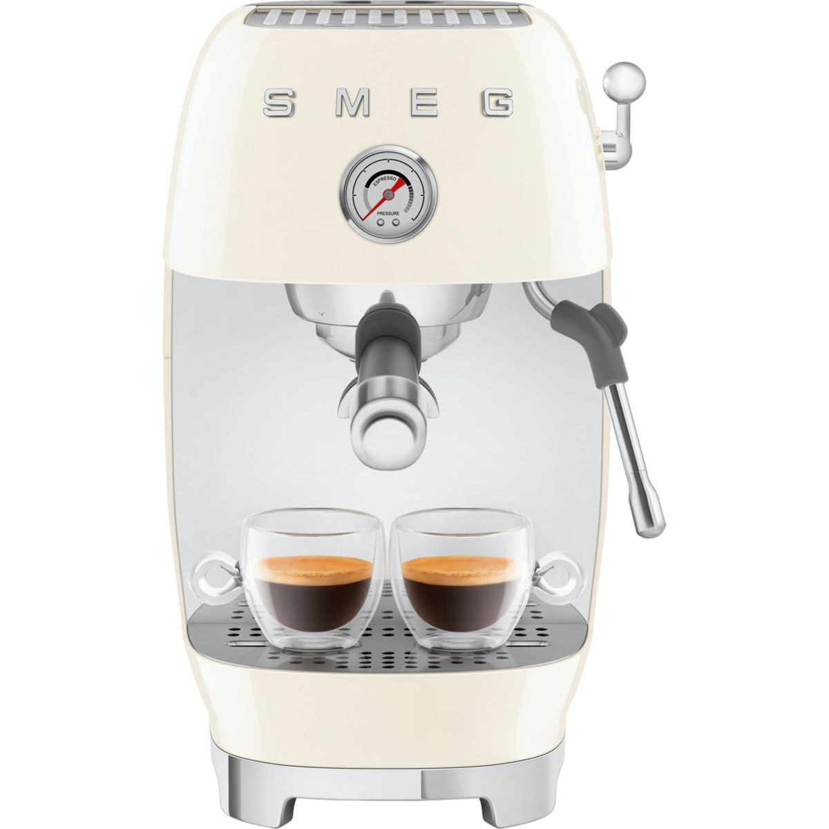 Máquina de espresso Smeg crema. Dos vasos de café transparentes en la bandeja. El medidor indica la presión.