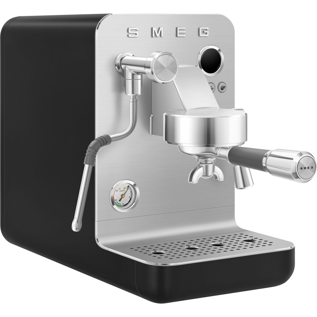 Ekspres do kawy SMEG. Srebrny przód z czarnymi bokami. Posiada kolbę, dyszę do pary i manometr.