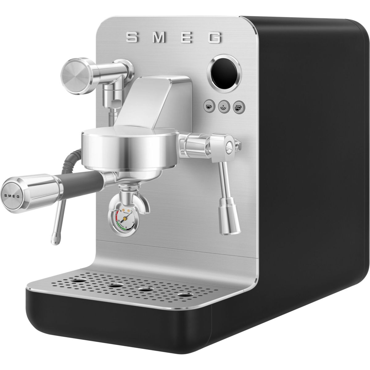 Ekspres do kawy SMEG. Ma srebrny przód i czarne boki. Posiada różne elementy, dyszę do pary i zbiornik na wodę.