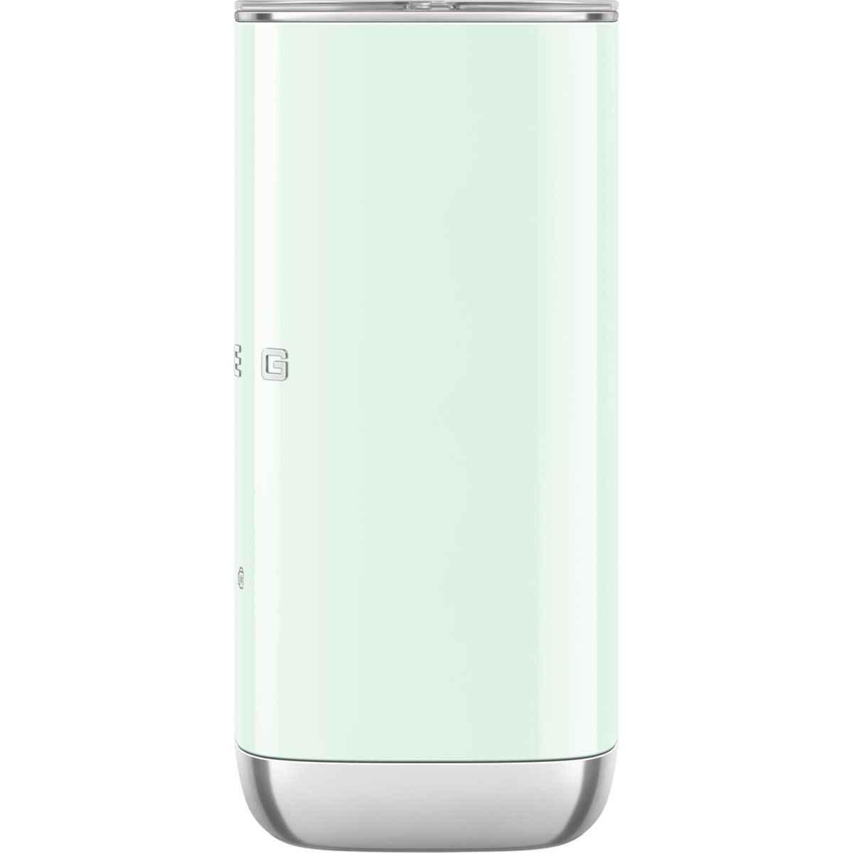 Ein mintgrüner Smeg-Becher. Er hat einen silbernen Rand oben und unten. Das Smeg-Logo befindet sich oben.