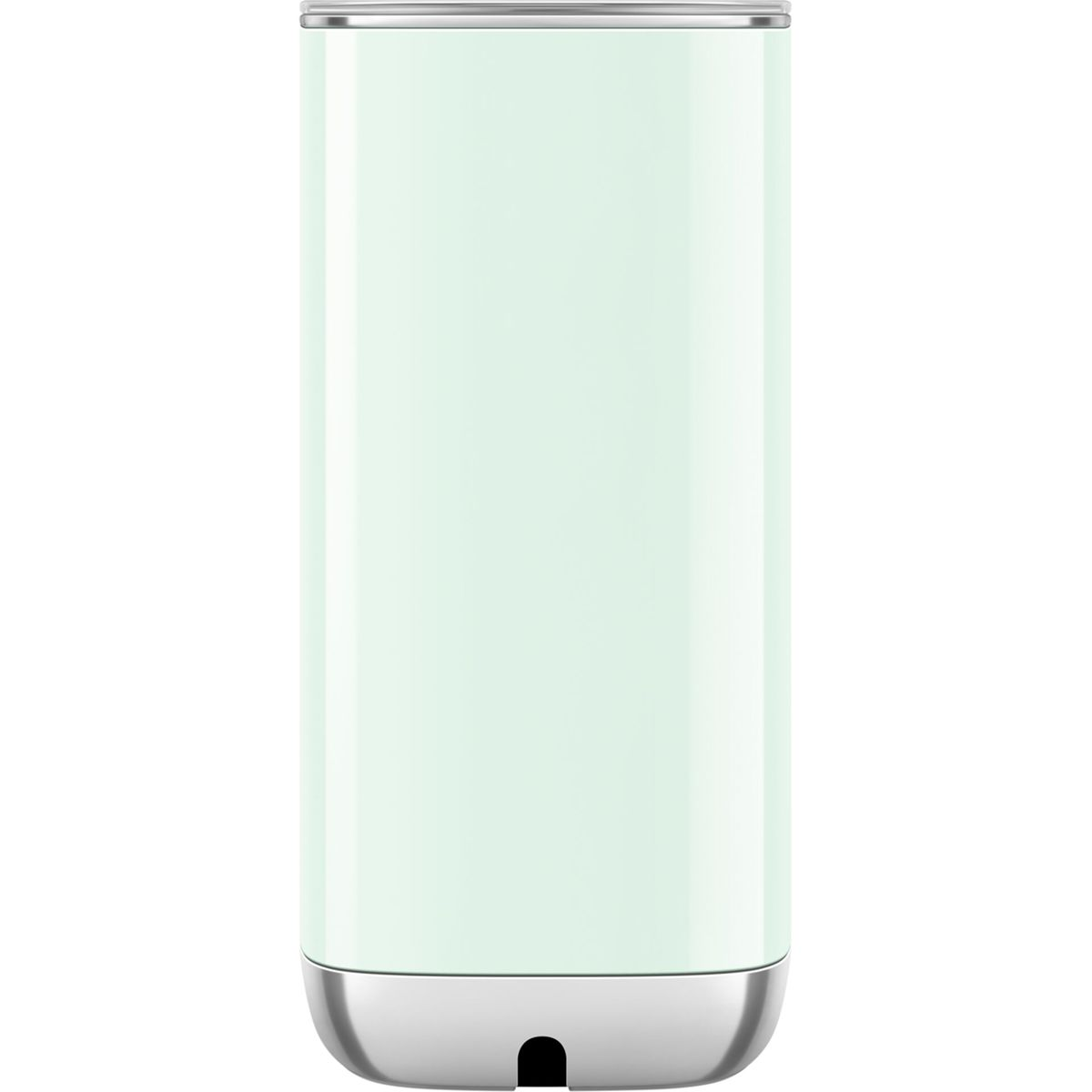 Eine hellgrüne, zylindrische Wasserflasche mit silbernem Deckel und Boden, vor weißem Hintergrund.