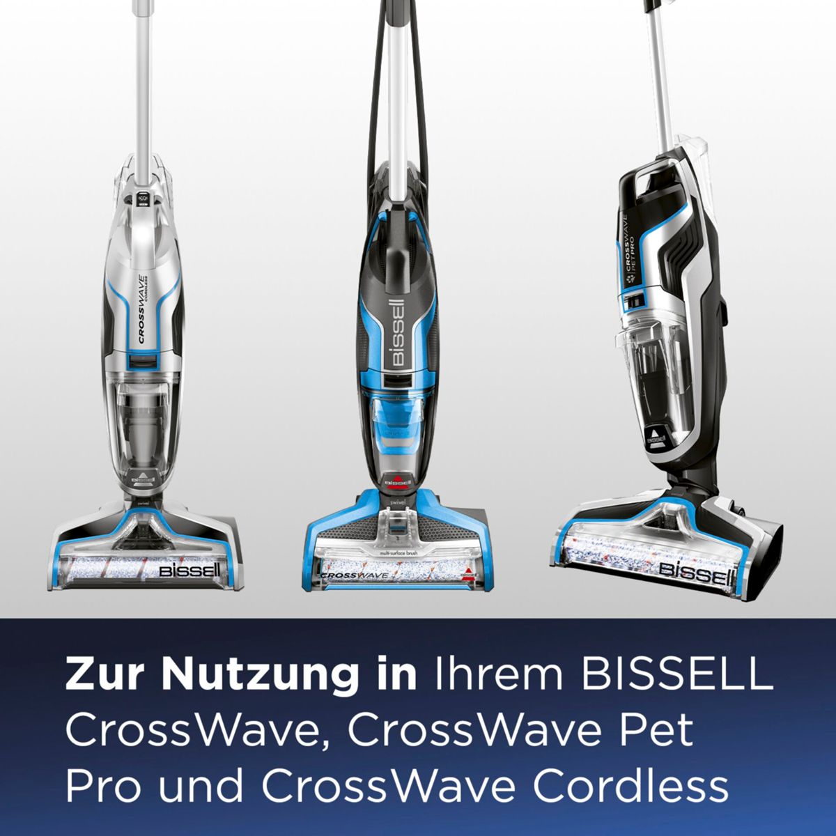Drei Bissell CrossWave Staubsauger werden gezeigt. Jeder hat einen Griff und einen Reinigungskopf, mit blauen und silbernen Akzenten.