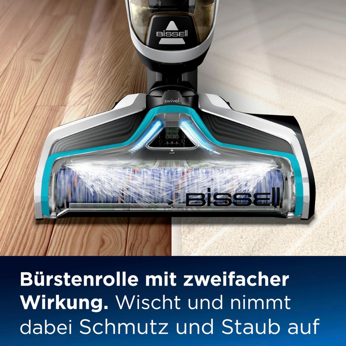 Ein Bissell-Bodenreiniger steht auf einem Holzboden, der zur Hälfte gereinigt ist. Der Reiniger hat blaue Akzente, das Bissell-Logo ist sichtbar.