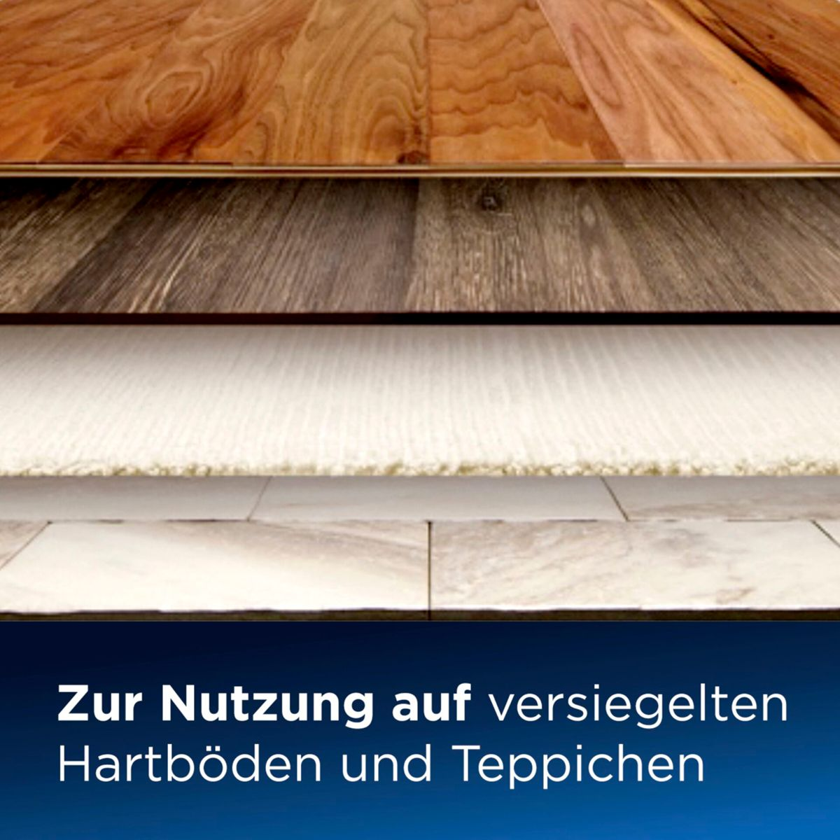 Das Bild zeigt Bodenschichten: Holz, dunkles Holz, Teppich und Fliesen. Der Text unten lautet: 'Zur Nutzung auf versiegelten Hartböden und Teppichen.'