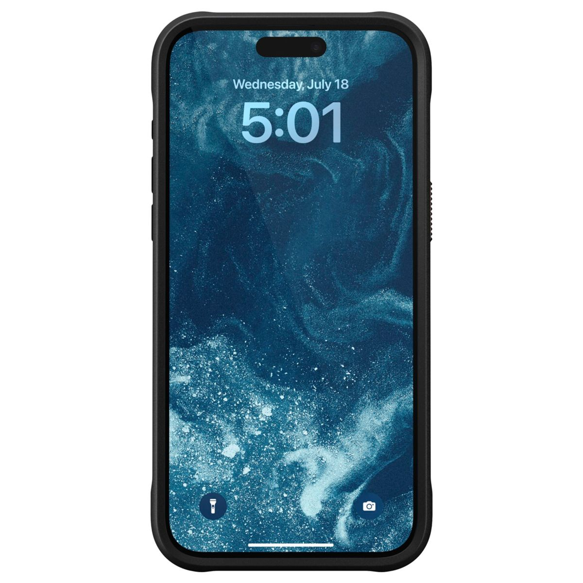 Ein schwarzes Smartphone zeigt einen blauen abstrakten Hintergrund mit der Uhrzeit 5:01 am Mittwoch, 18. Juli.