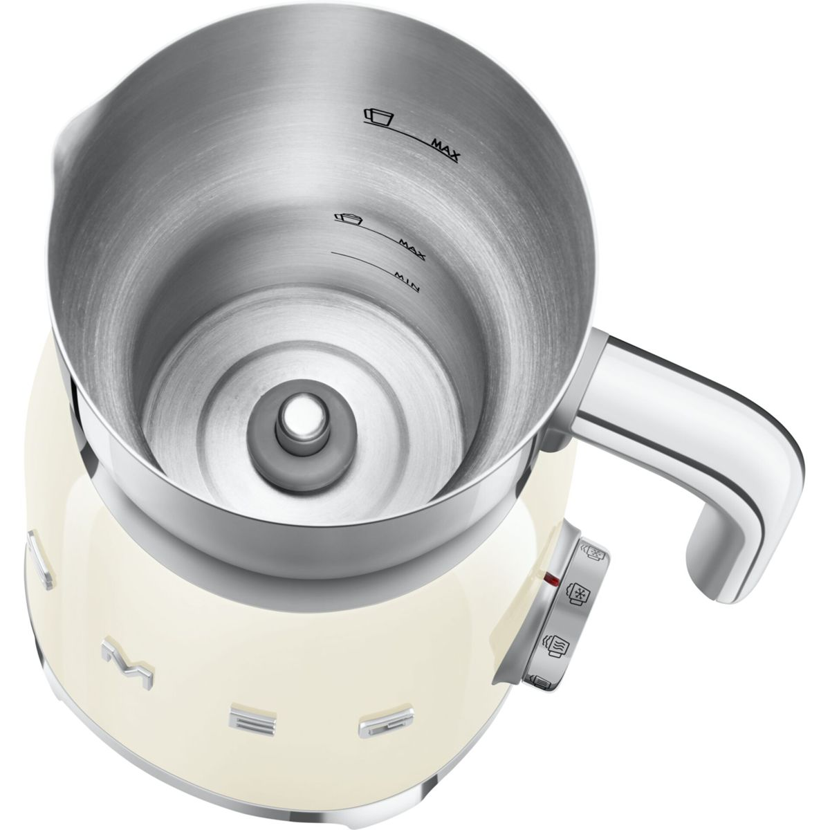Spieniacz do mleka w kolorze kremowym, wnętrze ze stali nierdzewnej. Uchwyt i panel sterowania z boku. Wnętrze z oznaczeniami max/min.