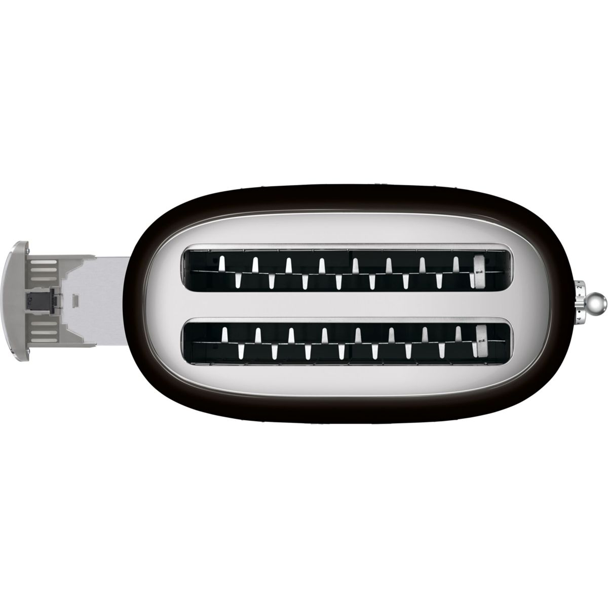 Widok z góry na czarno-srebrny toster. Widoczne dwa otwory, otoczone czarną ramą. Dźwignia i pokrętło z boku.