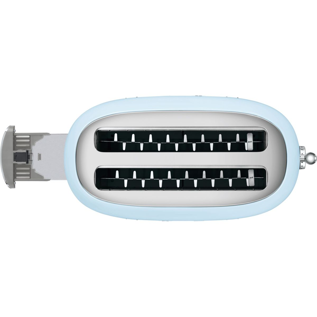 Top-down view of a light blue toaster. It has two slots, a lever on the left, and a browning control knob on the right.