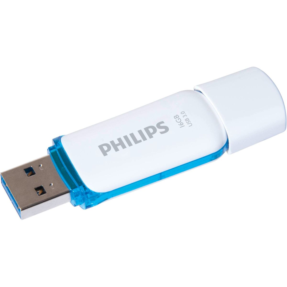 Biało-niebieski pendrive Philips. Widnieje na nim nazwa marki i pojemność. Widoczne jest złącze USB.