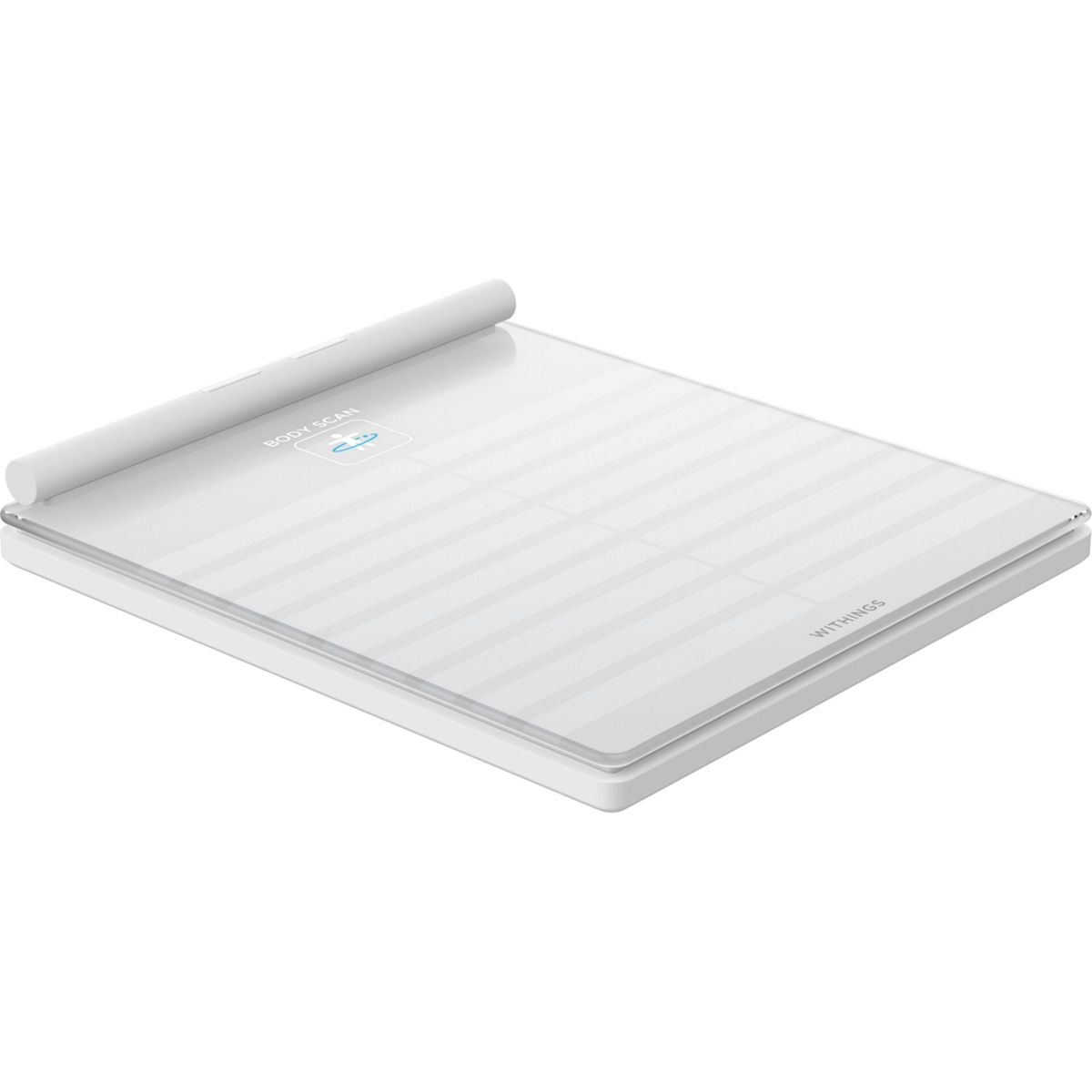 Biała waga do analizy składu ciała z podwiniętą górą. Ekran wyświetla 'BODY SCAN'. Widoczna jest nazwa marki 'WITHINGS'.